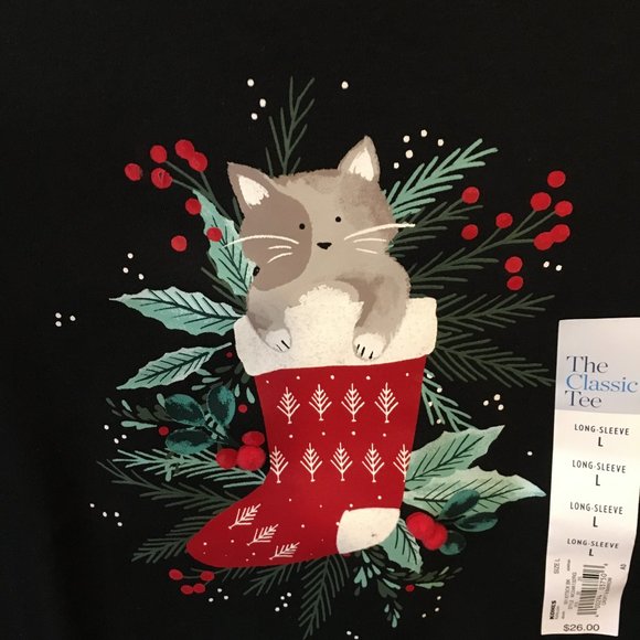 Women's Croft & Barrow Christmas Black Long Sleeve Kitty Cat Stocking Tee LARGE - Picture 2 of 5